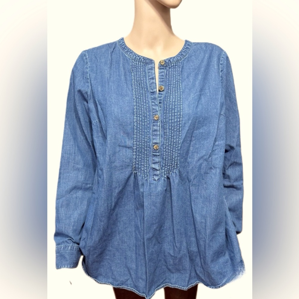J. Jill Denim Blue Buttoned Relaxed Tunic with Mandarin Collar